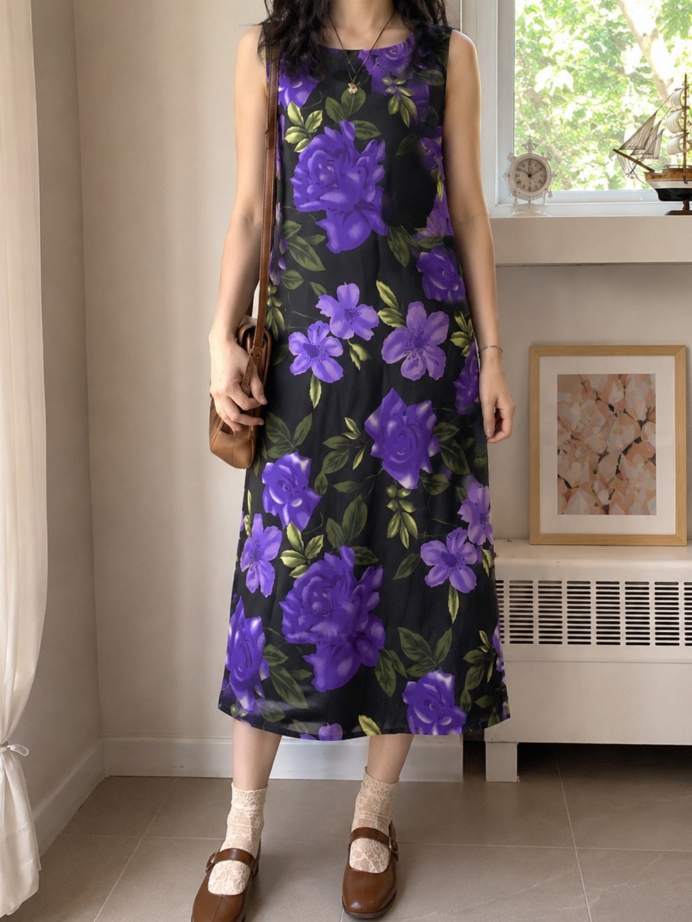 Vintage Reitmans Purple Floral Sleeveless Midi Dress